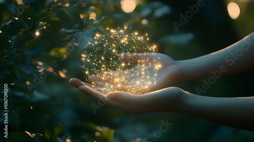 Two hands hold a glowing sphere of light, a network of connection, in a forest setting.