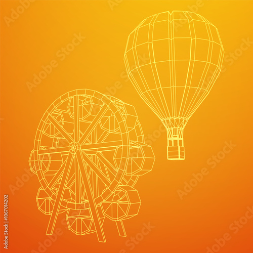 Ferris wheel with airballoon spinning amusement park. Wireframe low poly mesh vector illustration.