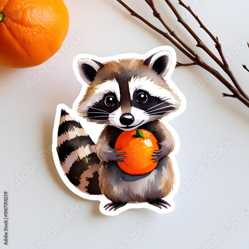 watercolor sticker featuring one adorable little raccoon with orange in his paws  photo