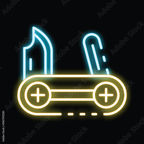 Neon sign glowing in the dark with a multitool pocket knife inside