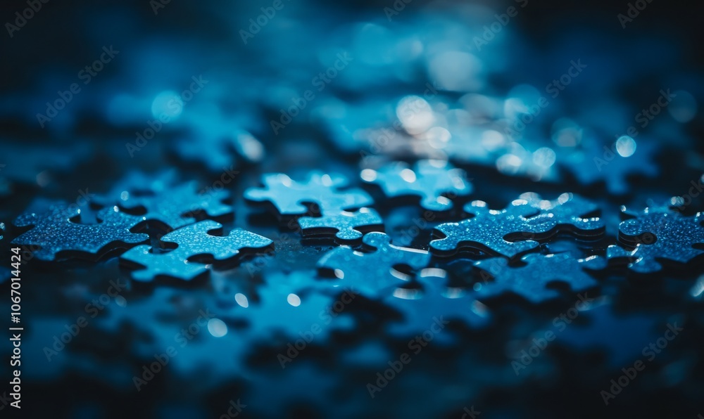 Close-up of vibrant blue puzzle pieces scattered on a dark surface, highlighting intricate details and reflections of light. Close-up of vibrant blue puzzle pieces scattered on a dark surface, highlighting intricate details and reflections of light.