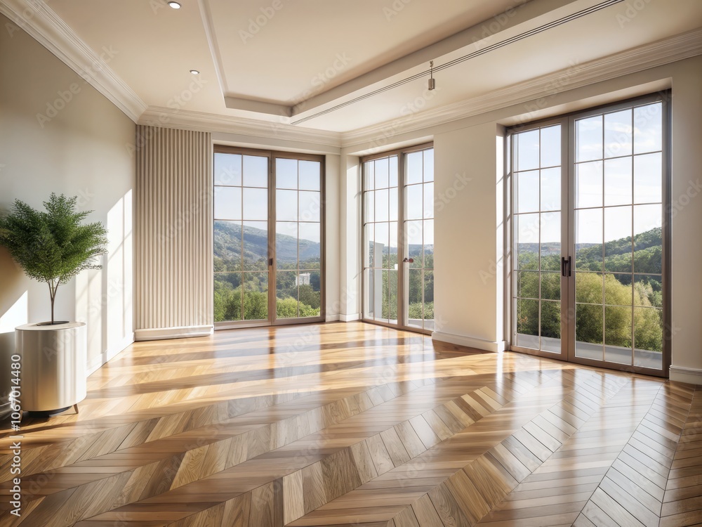 Spacious Empty Interior with Large Windows and Balcony Door Showcasing Light Wood Herringbone Flooring, Ideal for Modern Living, Design Inspiration, and Bright Spaces Spacious Empty Interior with Large Windows and Balcony Door Showcasing Light Wood Herringbone Flooring, Ideal for Modern Living, Design Inspiration, and Bright Spaces