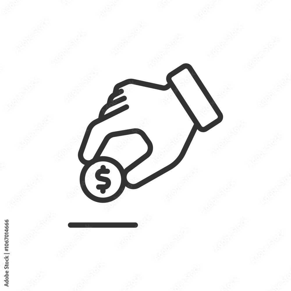 Coin donation hand, icon in line design. Coin, donation, hand, charity, money, giving, support on white background vector. Coin donation hand editable stroke icon Coin donation hand, icon in line design. Coin, donation, hand, charity, money, giving, support on white background vector. Coin donation hand editable stroke icon