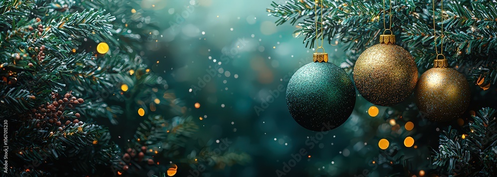 Minimalist Christmas background with hanging golden and green ornaments on a dark blue or emerald-colored Minimalist Christmas background with hanging golden and green ornaments on a dark blue or emerald-colored