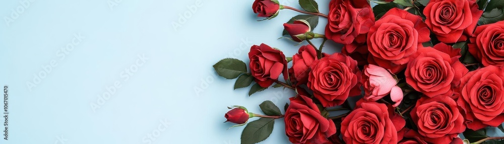A vibrant bouquet of red roses, elegantly arranged on a soft blue background, creating a striking contrast. A vibrant bouquet of red roses, elegantly arranged on a soft blue background, creating a striking contrast.