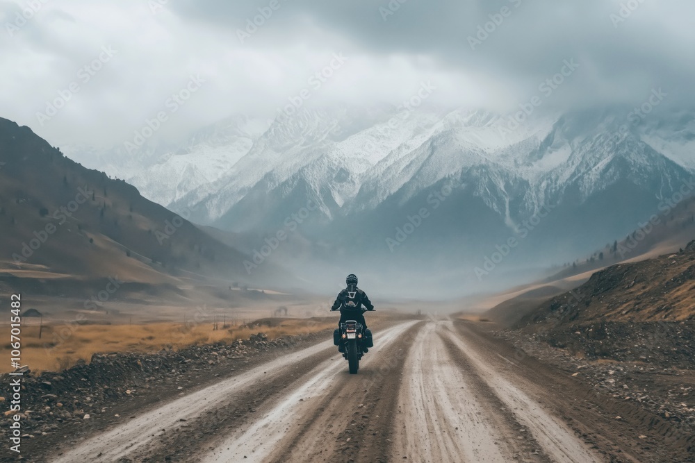 Motorcyclist riding on dirt road through mountains, cloudy sky, scenic landscape Motorcyclist riding on dirt road through mountains, cloudy sky, scenic landscape