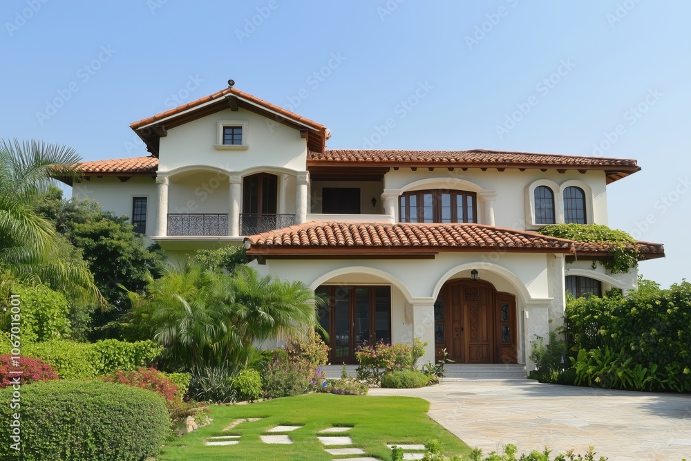 Obraz premium Elegant villa with Mediterranean architecture, lush garden, and blue sky