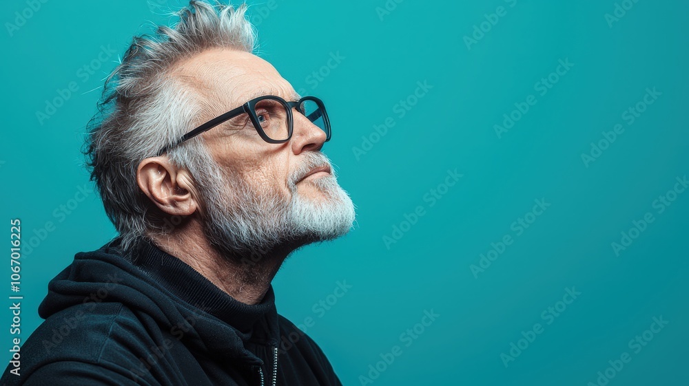 Obraz premium A mature man with glasses and styled gray hair gazes upward against a turquoise background, exuding confidence and wisdom.