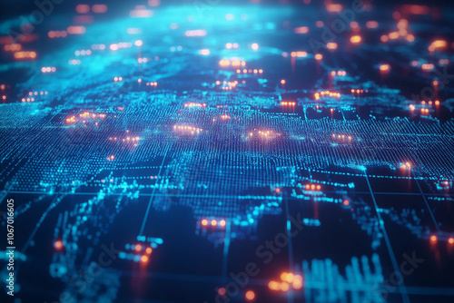 Digital world map with blue grid glowing data points   