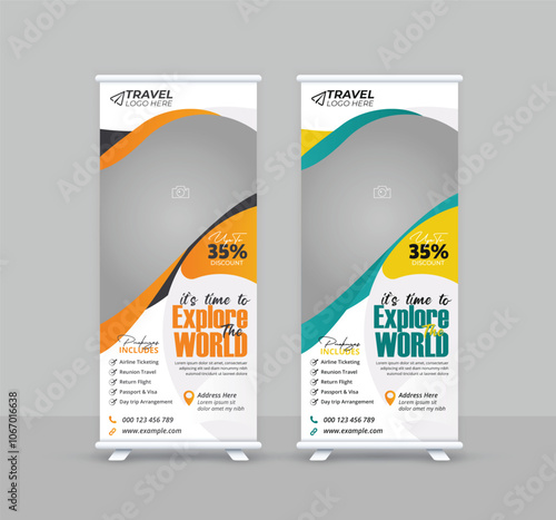 Travel business standee rollup design modern business trip signage pullup tour packages retractable x banner template