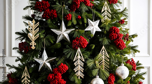 a Christmas tree with a silver star and a silver ball.