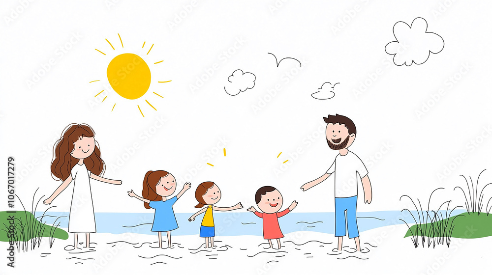 Fototapeta premium Simple children’s drawing, family at seaside