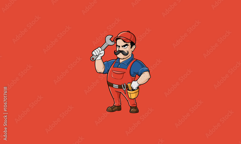 Cartoon handyman with mustache holding wrench, red background Cartoon handyman with mustache holding wrench, red background