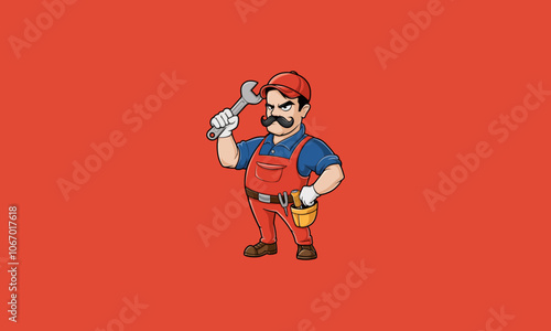 Cartoon handyman with mustache holding wrench, red background