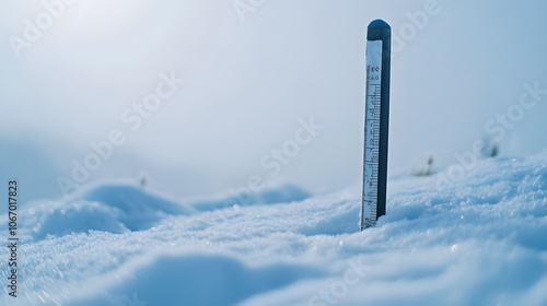 A black thermometer is inserted into a snowdrift, showing a very low temperature.