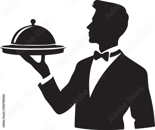 silhouette of a waiter with food dish on his hand vector art illustration