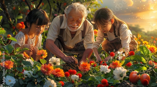 A cheerful, elderly couple kneels beside their grandchildren in a vibrant garden filled with blooming flowers and vegetable plants. The grandfather shows the children how to plant seeds, while the gra photo