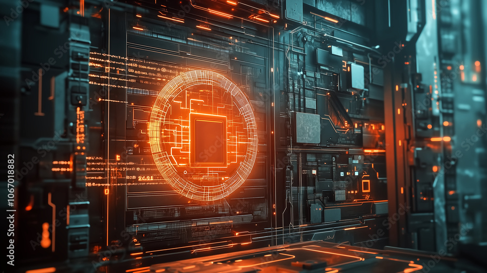 High tech digital interface with glowing orange circuit patterns and intricate designs, showcasing advanced technology and security features High tech digital interface with glowing orange circuit patterns and intricate designs, showcasing advanced technology and security features