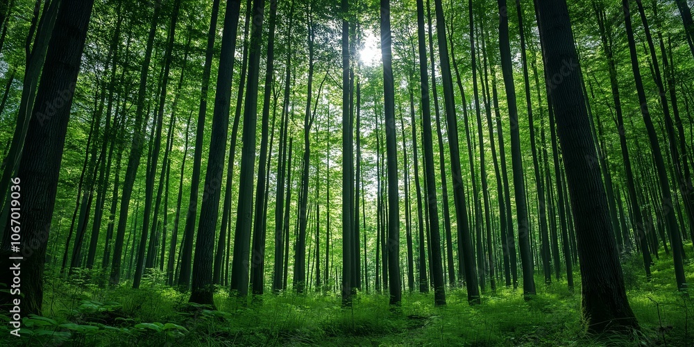 Tranquil forest bathed in natural light, showcasing tall trees in perfect symmetry and serene atmosphere. Tranquil forest bathed in natural light, showcasing tall trees in perfect symmetry and serene atmosphere.