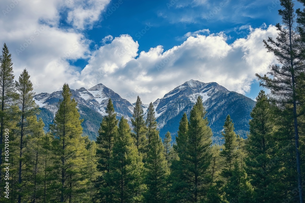 Towering mountains capped with snow, framed by lush green trees and set against a backdrop of blue sky. Towering mountains capped with snow, framed by lush green trees and set against a backdrop of blue sky.