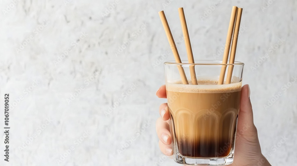 Bamboo straw in cold brew coffee glass, eco cafe Bamboo straw in cold brew coffee glass, eco cafe