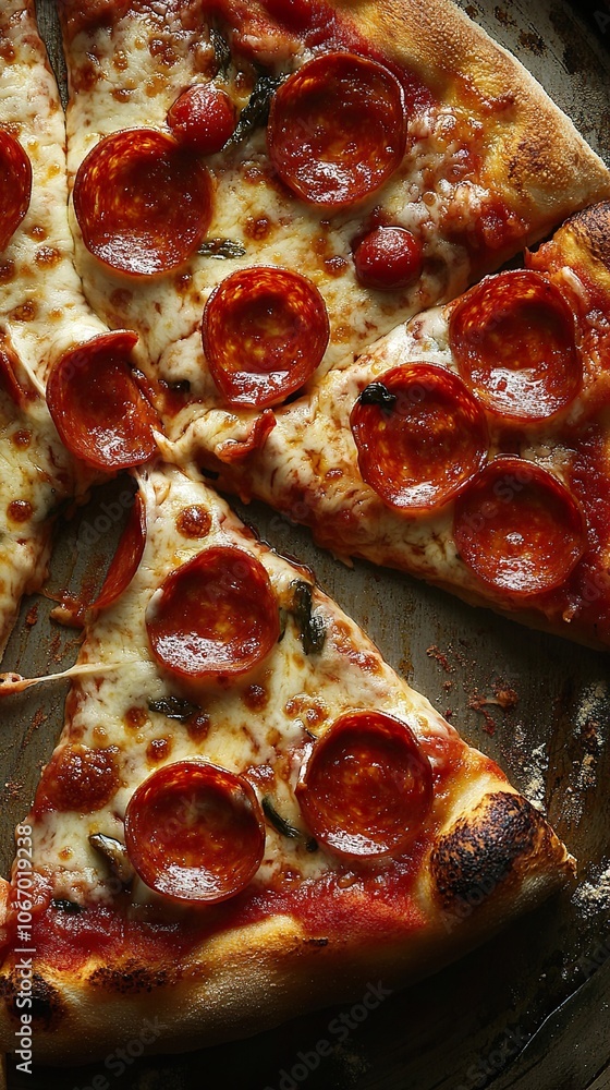 Close-Up of a Delicious Pepperoni Pizza with Melted Cheese and Fresh Basil Close-Up of a Delicious Pepperoni Pizza with Melted Cheese and Fresh Basil