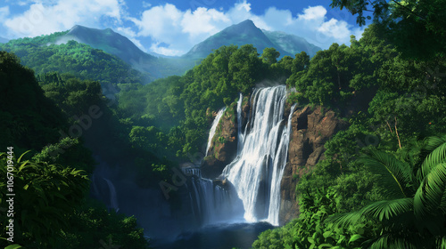 Lush Rainforest Waterfall with Mist