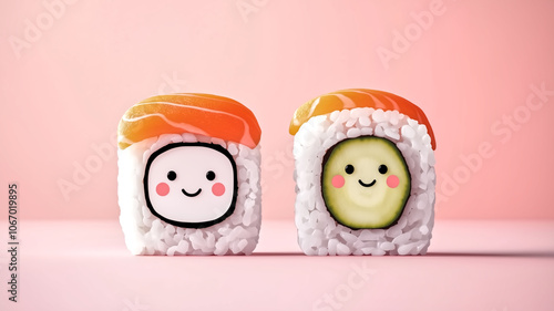 Cute sushi rolls with smiling faces, featuring salmon and cucumber, on pink background. Perfect for food lovers and Japanese cuisine enthusiasts