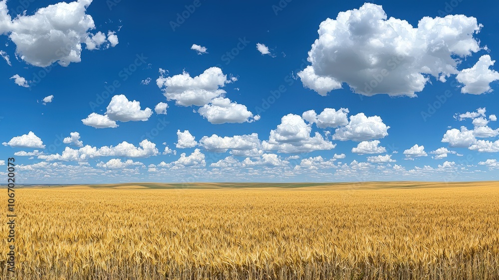 A vibrant golden wheat field stretches under a clear blue sky, dotted with fluffy white clouds, creating a serene and picturesque landscape. A vibrant golden wheat field stretches under a clear blue sky, dotted with fluffy white clouds, creating a serene and picturesque landscape.