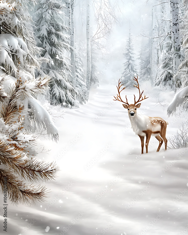 Celebrate a merry christmas with a snowy landscape featuring reindeer and pine trees Celebrate a merry christmas with a snowy landscape featuring reindeer and pine trees
