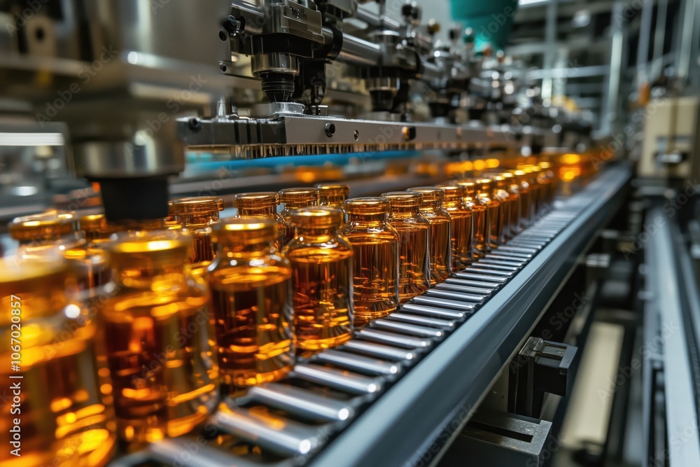 Naklejka premium Bottling process, amber glass vials on conveyor belt in factory setting