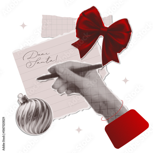 Christmas halftone art collage with cut out hand writing a paper letter to Santa, isolated on transparent background. Red vintage dotted textured mixed media vector illustration