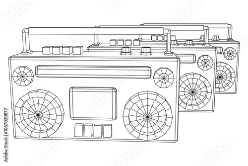 Retro Boombox outdated portable cassette tape recorder. Wireframe low poly mesh vector illustration.