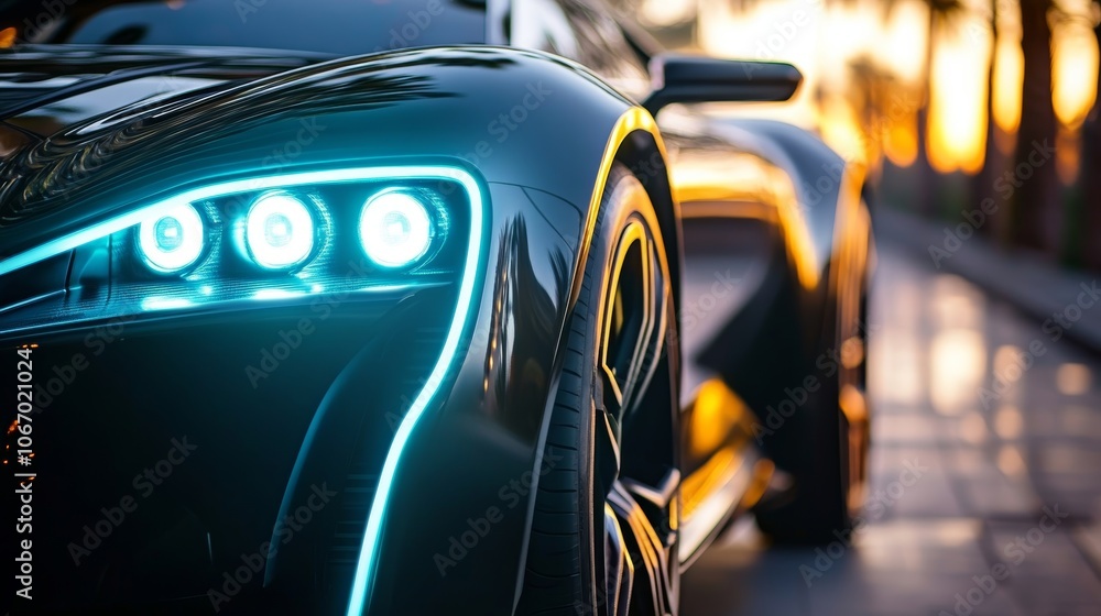 Luxury Sports Car with Futuristic LED Headlights at Golden Sunset on Palm Tree Lined Street. Luxury Sports Car with Futuristic LED Headlights at Golden Sunset on Palm Tree Lined Street.