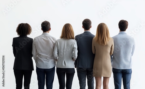 Diverse group of six professionals facing a blank wall, showcasing unity and collaboration.