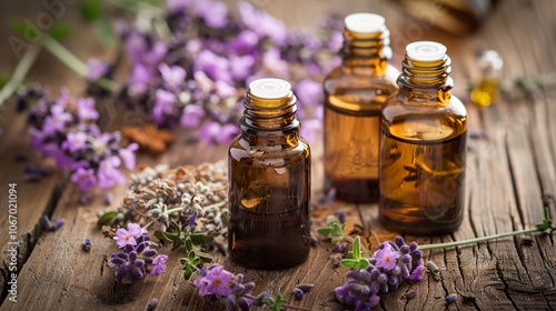 Lavender Essential Oil Bottles with Flowers on Wooden Background