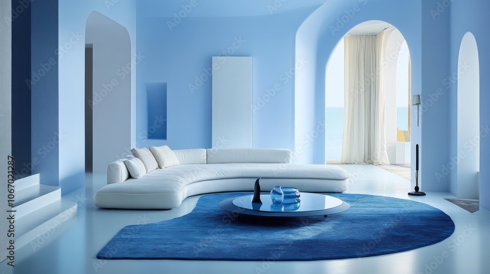Modern living room interior with white sofa, blue rug, and ocean view Modern living room interior with white sofa, blue rug, and ocean view