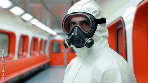 A person in a protective suit and gas mask stands in a subway, highlighting safety and concern for hazardous environments. photo