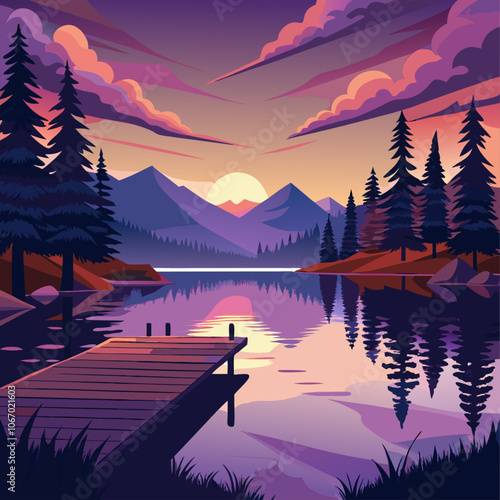 A mountain landscape with a lake and a dock