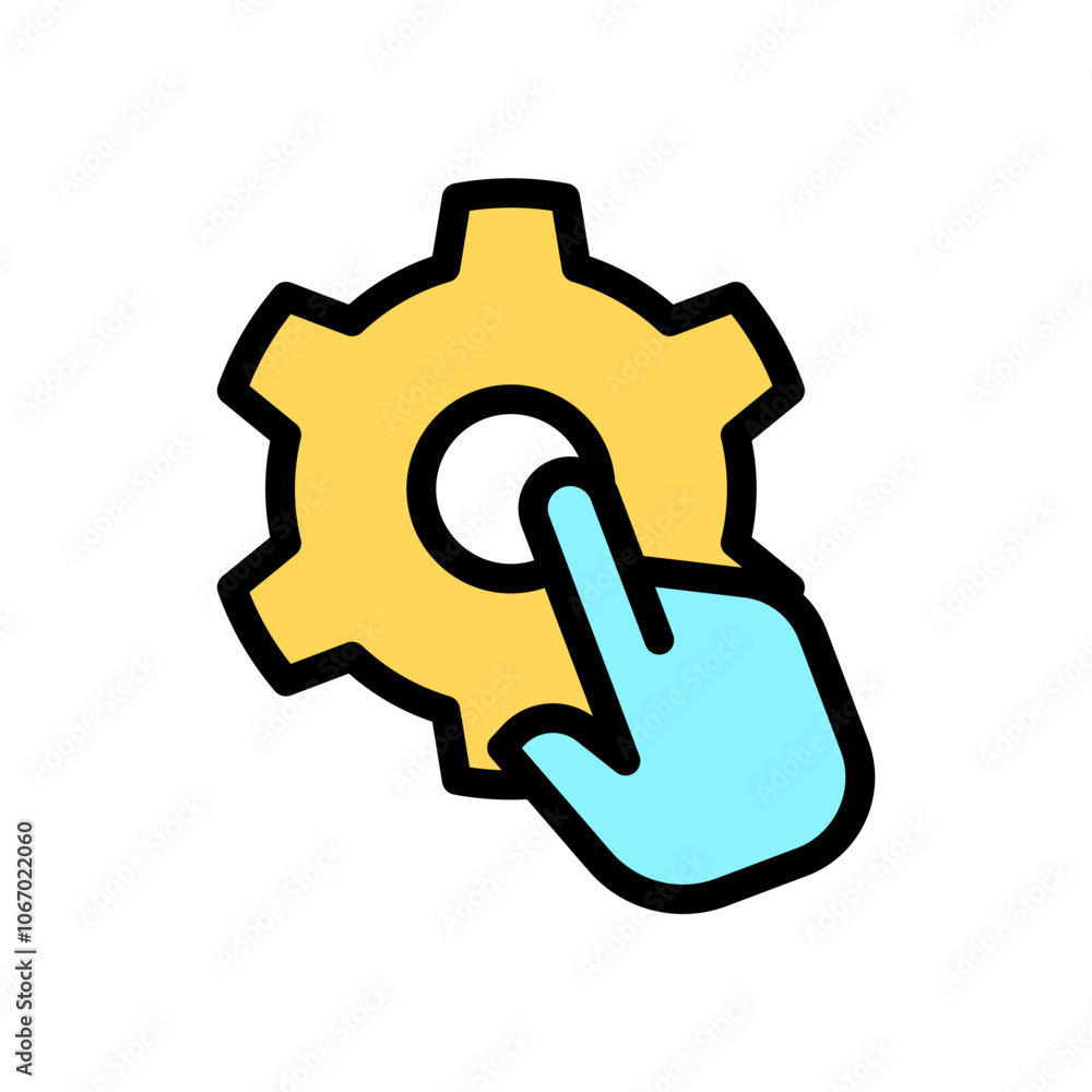 Icon Line Color hand clicking setting gear. Outline fill color style. Icon Line Color hand clicking setting gear. Outline fill color style.