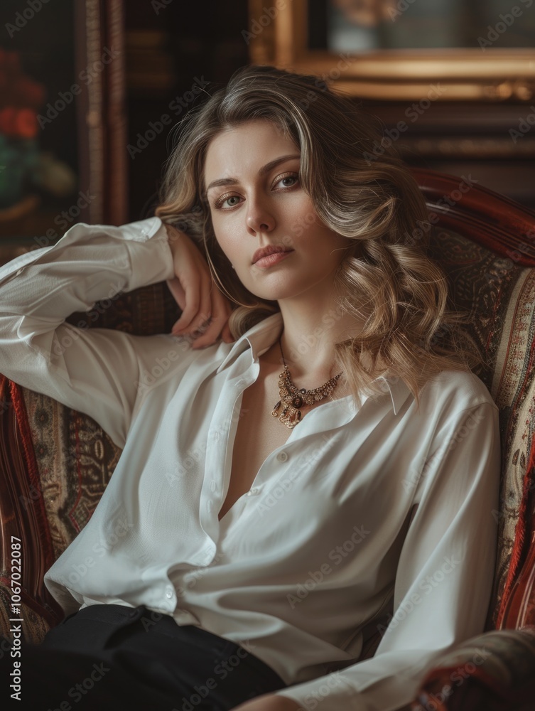 Elegant woman in fashionable white blouse and necklace, seated against high-end interior backdrop. Elegant woman in fashionable white blouse and necklace, seated against high-end interior backdrop.