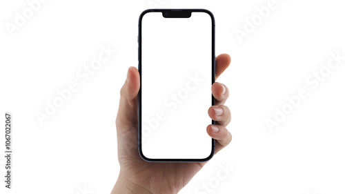 hand holding smart phone, modern smartphone with transparent screen in left hand on transparent background, smartphone in hand, png mockup for any background and any image on the screen