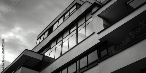 The image depicts a large modern multi-story residential building. It showcases a contemporary architectural design with glass panels and balconies.