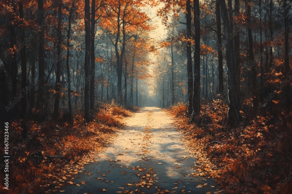 Obraz premium Rustic autumn forest path covered with golden leaves. Generative AI