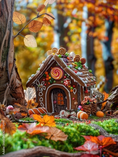 Gingerbread house with autumn leaves in background, ready for holiday celebration. Edible decorations like candy canes and gingerbread ornaments. Sweet and festive winter tradition.