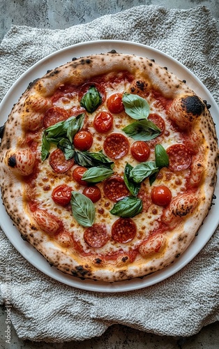 Delicious pizza topped with tomatoes and fresh basil leaves. photo