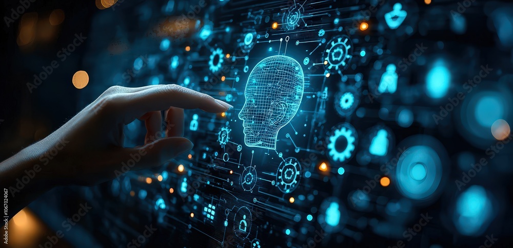 Hand touching a digital screen with icons of a head, gears, and people on a dark background. This digital marketing concept represents business process management or AI technology. Hand touching a digital screen with icons of a head, gears, and people on a dark background. This digital marketing concept represents business process management or AI technology.