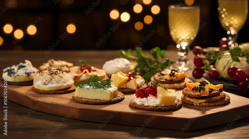 Variety of gourmet holiday canapés with wine glass Variety of gourmet holiday canapés with wine glass