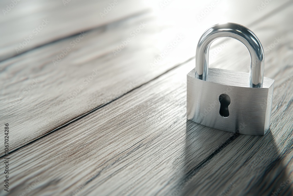 Naklejka premium A Silver Lock With a Keyhole Sits On a Wooden Table.