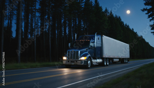 Semi-truck navigating a winding mountain road at night under a starry sky